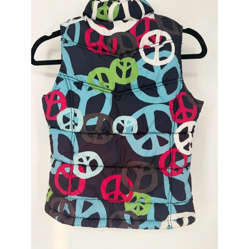 Old Navy Puffer Vest Kids Large 10-12 Navy Blue Excellent Peace Sign Print Zip